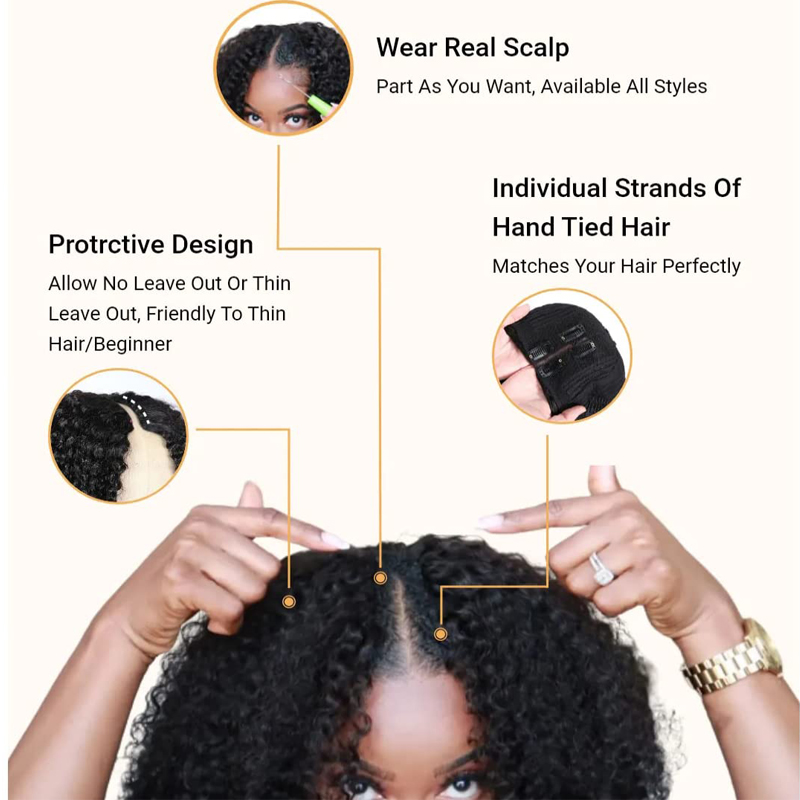 V Part Wigs Perruques de cheveux humains brésiliens crépus bouclés pour femmes noires densité 180 % sans colle en forme de V sans laisser de côté, sans couture, mise à niveau des perruques U Part avec clip pour tête complète