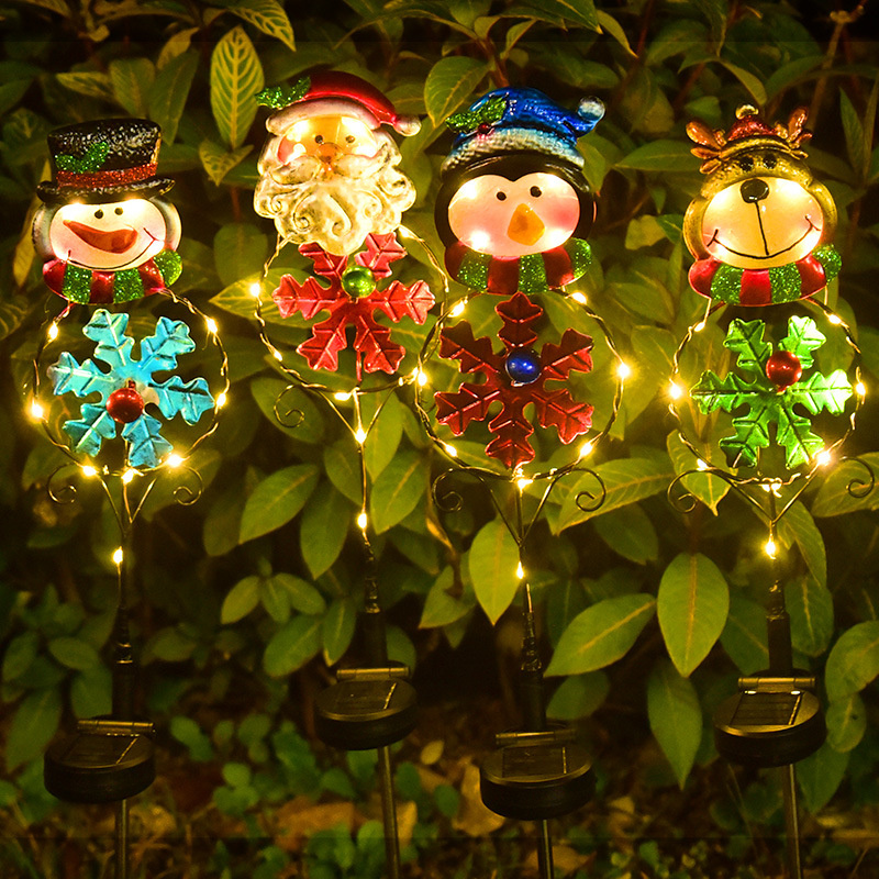 Luci solari da percorso natalizio Luci da palo da giardino natalizie esterni Luci in metallo Illuminazione da esterno decorativa Babbo Natale Pupazzo di neve Renna con paletti da giardino