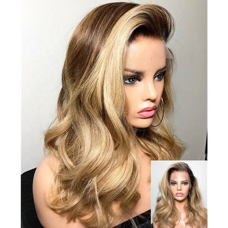 Perruque Lace Front Wig 360 naturelle brésilienne Remy, cheveux naturels ondulés, faux cuir chevelu ombré, densité 130%