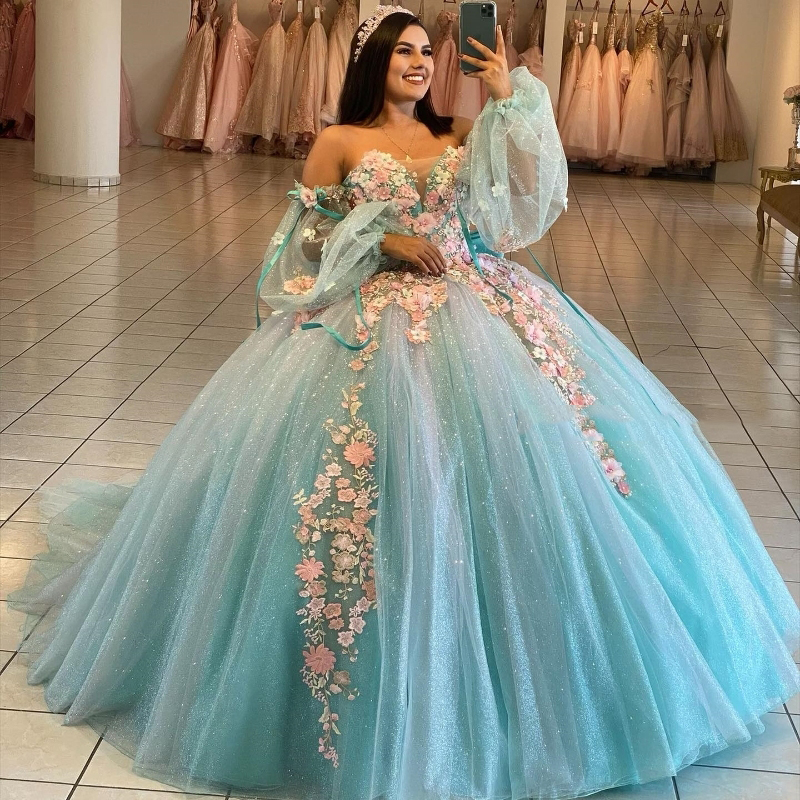 Aquablaues Ballkleid-Quinceanera-Kleid, 3D-Blumenapplikationen, Prinzessin, Tüll, langärmelig, Vestidos De 15 Anos, Geburtstagsparty, süßes 16-Kleid