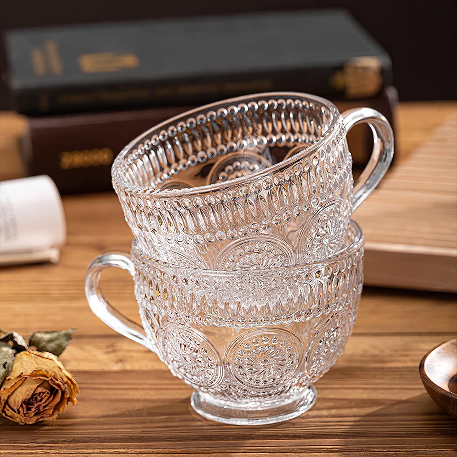 Glass Coffee Mugs with Handles Embossed Tea Cups Vintage Drinking Glassware for Water Milk Latte Cappuccino Dessert Beverage