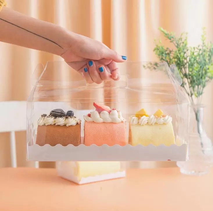 Boîte d'emballage transparente en rouleau de gâteau avec poignée, boîte à gâteau au fromage en plastique Transparent écologique, boîte à rouleau suisse de cuisson dh0378