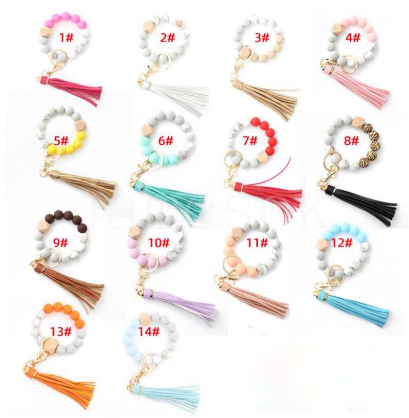 14 Style Wood Silica Gel Beaded Armband Keychain Loss Prevention Tassel Key Ring Pendant Pure Multicolor Valfritt DD532