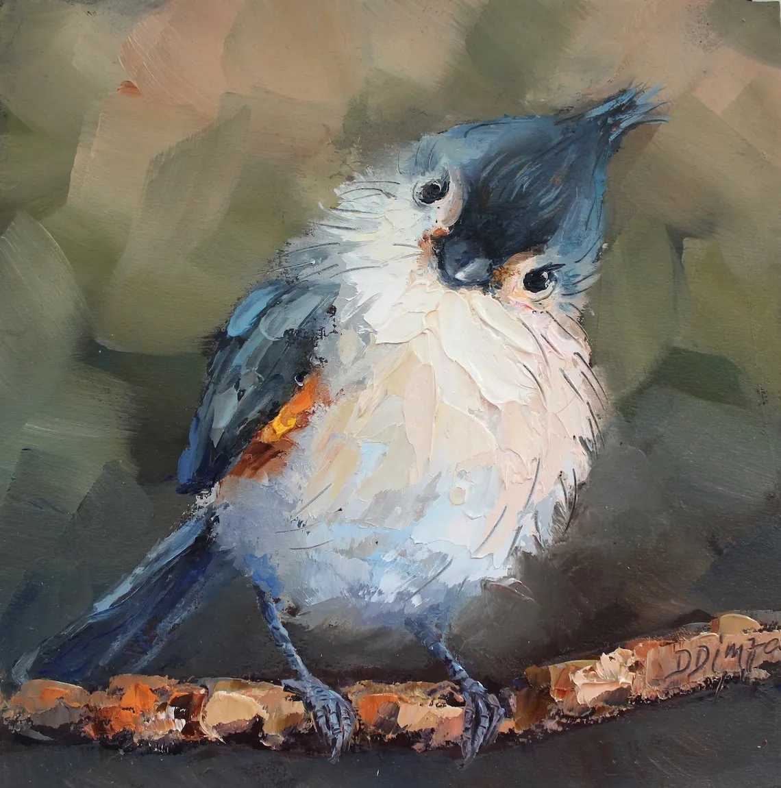 Pintura al óleo de animales con textura gruesa pintada a mano, arte abstracto de pájaro de Titmouse copetudo, lienzo para colgar en la pared, arte para cocina, decoración navideña