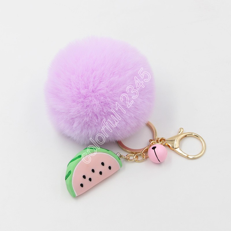 Pom Keychains Fake Rabbit fur ball key chain porte clef pompom de fourrure fluffy Bag Charms watermelon keychain Keyring