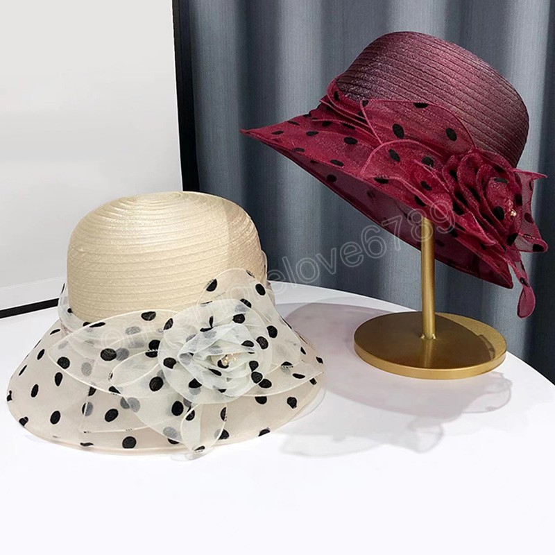 Fashion Fisherman Caps Floral Organza Dot Mesh Church Hat For Women Foldbar Wedding Party Hat Summer Beach Protection Sun Cap