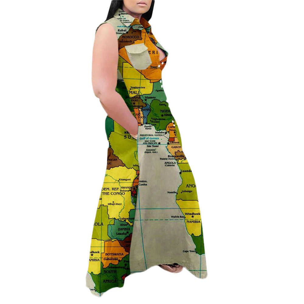 Art- und Weisesommer plus Größen-Kleid-beiläufiger Karten-Druck-ärmelloses Revers-Hemd-maxi lange Kleider-Frauen-Großhandelsdropshipping