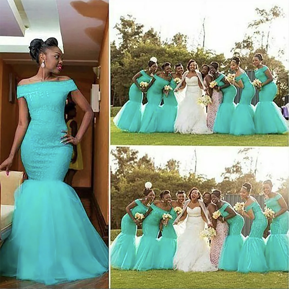 2023 Vintage African Mermaid Long Bridesmaid Dresses Off Should Turquoise Mint Tulle Lace Appliques Plus Size Maid of Honor Bridal Party Gowns