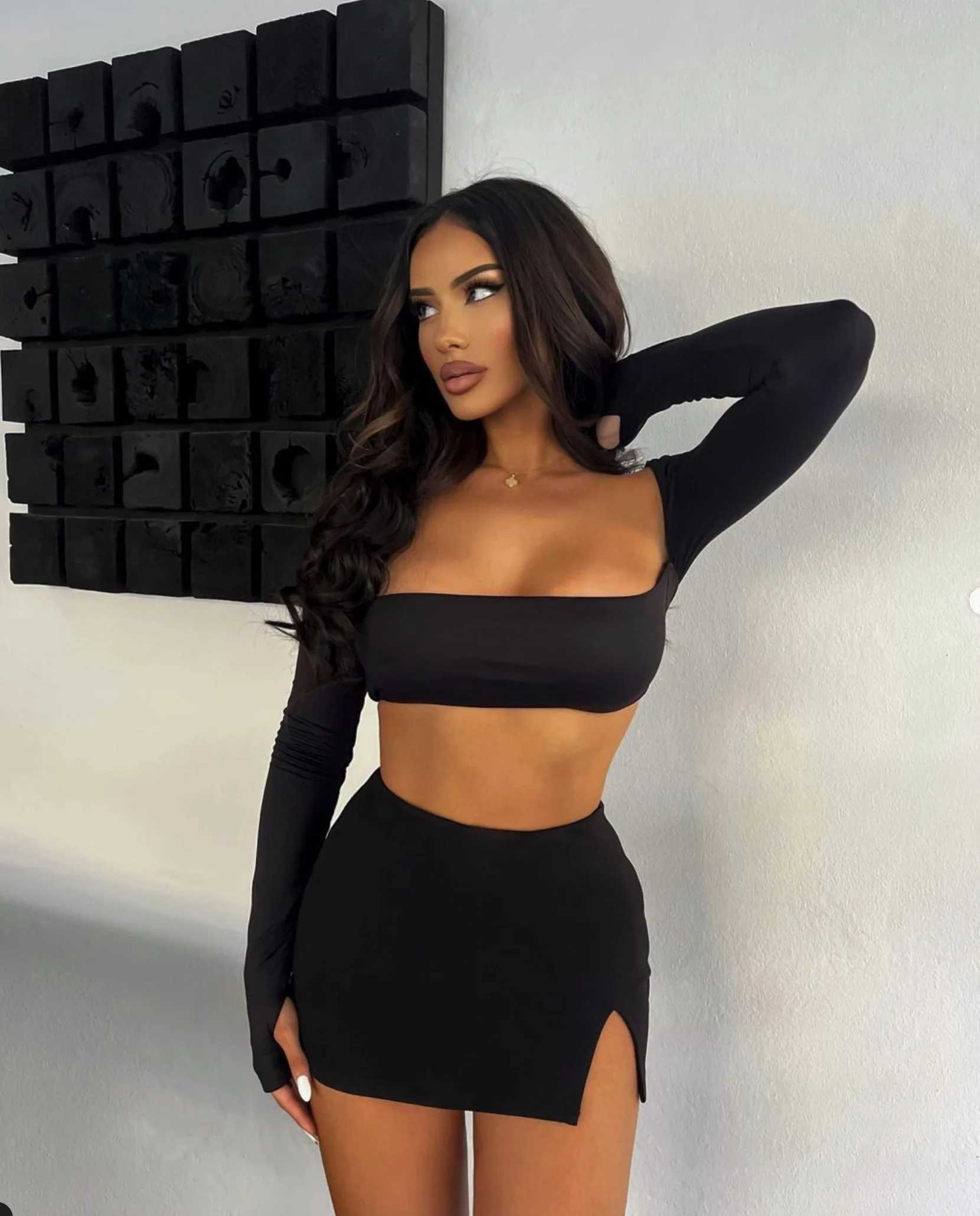 Two Piece Dress Sexy Square Neck Backless Lace Up Long Sleeved Suit Women's Nightclub Tight Pure Color Split Buttocks Wrapping Short