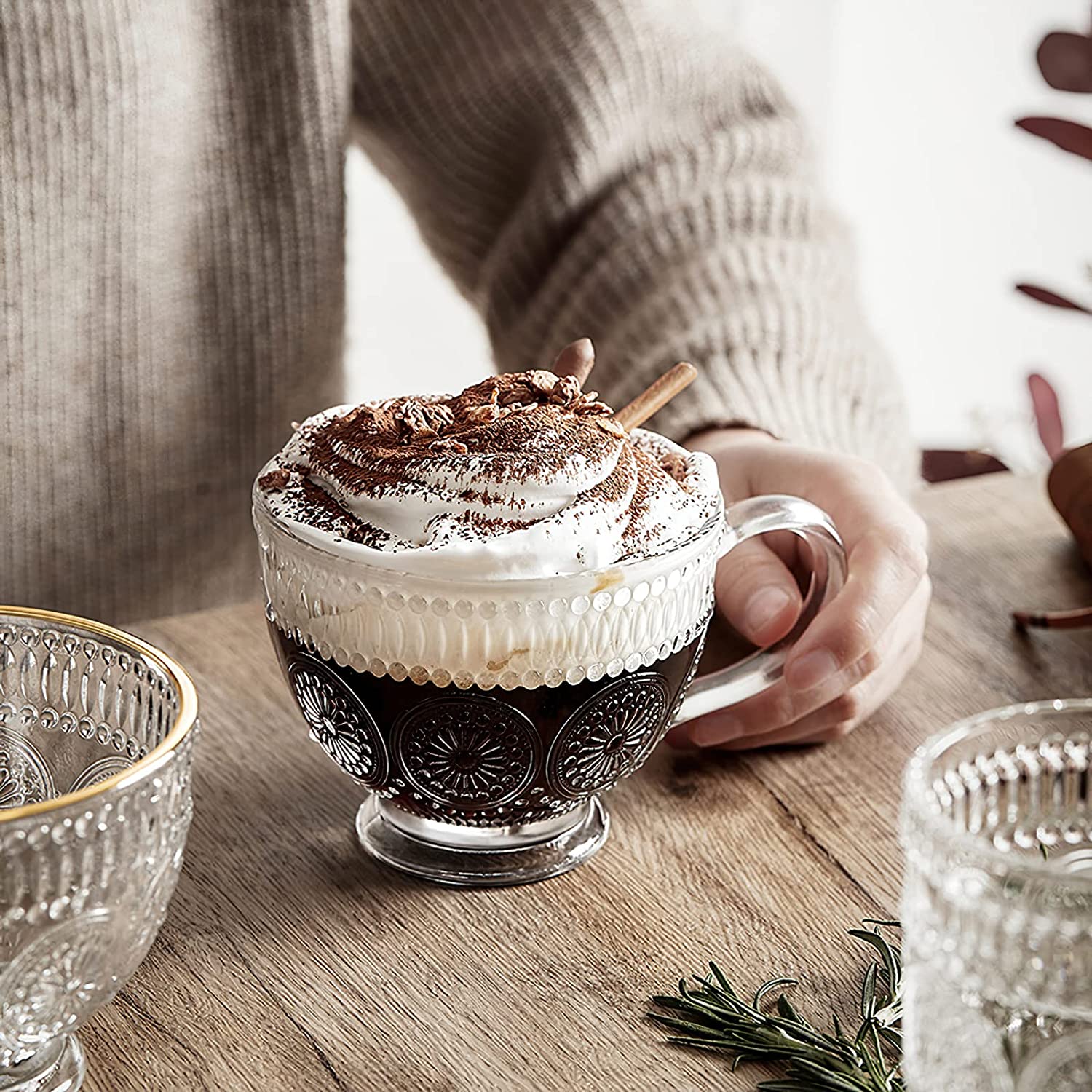 Canecas de café de vidro com alças xícaras de chá em relevo, bebida de copo para leite aquático de leite com leite de cappuccino