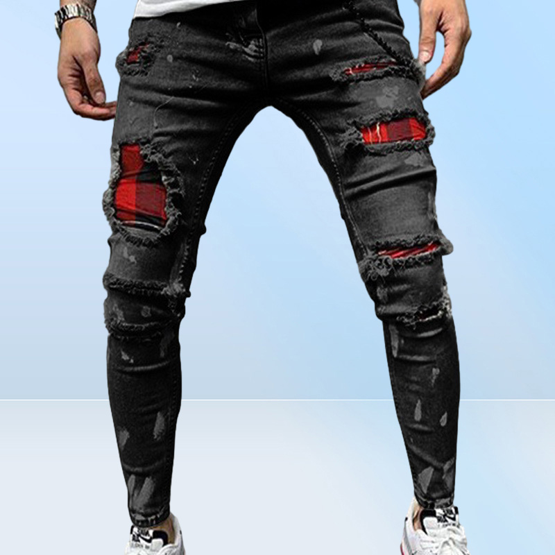 Men Pure Color Grid Jeans Gray Patchwork Designer Hip Hop Pants Slim Fit Elastic Hiphop Style Pencil 2204084946627