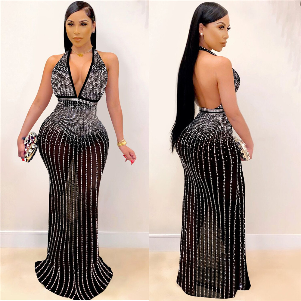 Designer Sexy Diamants Robes Femmes Plus Taille 3XL Luxe Halter Dos Nu Maxi Robe Maille Voir À Travers Élégante Soirée Robe Clubwear Gros Vêtements 10338