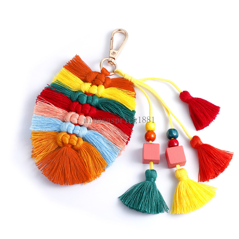 Llavero con borla y abalorio bohemio con personalidad para mujer y niña, bolso de coche, llavero colgante, joyería, llavero con borlas de algodón tejido a mano