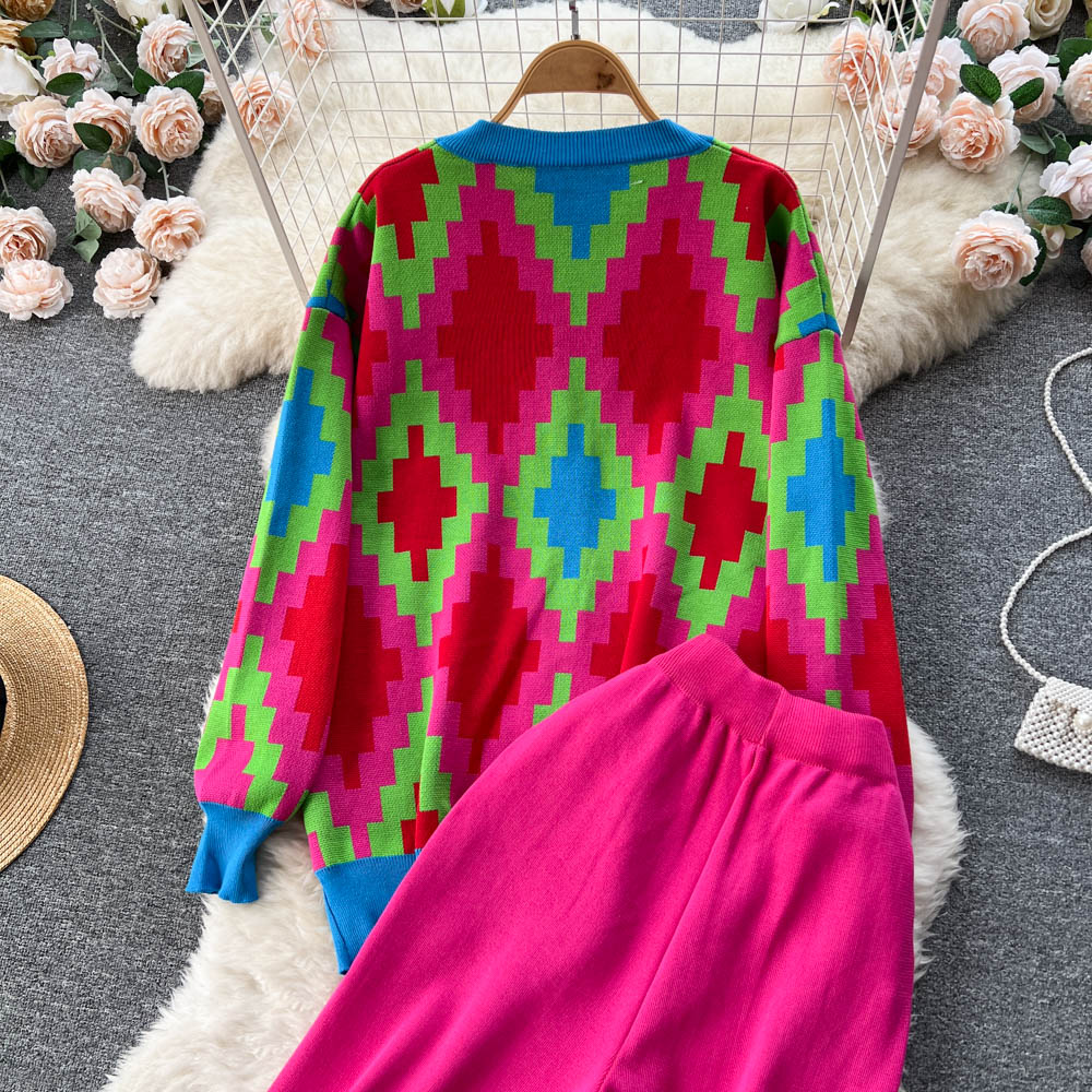 2023 Two Piece Dress Women Plaid Knitted Two Pieces Suits V Neck Sweater Cardigan Wide Leg Knit Long Pant Winter Vintage Warm Sweater Sets