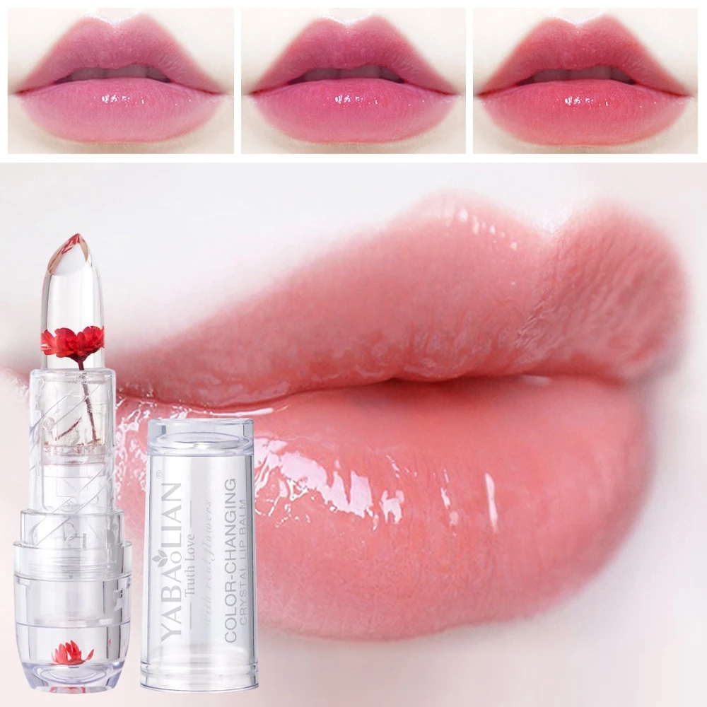 Transparente Gelee-Blumen-Lippenstift-Feuchtigkeitscreme mit langanhaltender Temperatur und Farbwechsel, Lippenbalsam, wasserfest, für Lippen-Make-up, Kosmetik