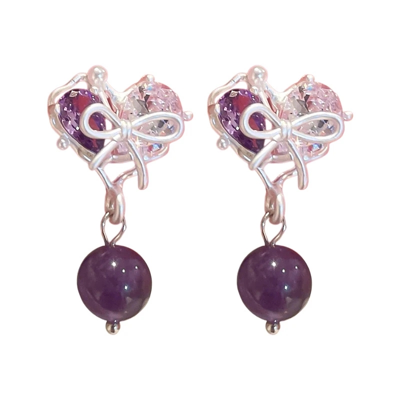 Dingle ljuskrona 2023 Sweet Zircon Purple Crystal Bow Heart Drop Earrings Enkel högkvalitativ Sense Temperament Earrings For Women Girl Jewelry