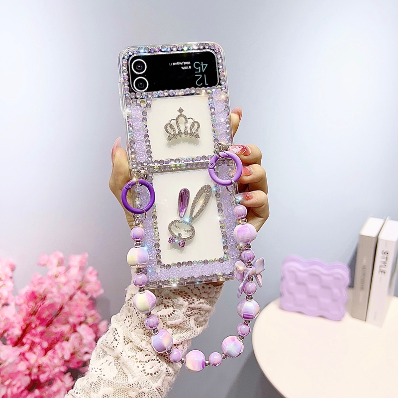 3D Rabbit Bling Diamond Case för Samsung Galaxy Z Flip 4 3 Flip4 Zflip4 Fashion Luxury Shinny Hard PC Acrylic Crown Bow Rhinestone Lady Telefon Back Cover Beads Strap