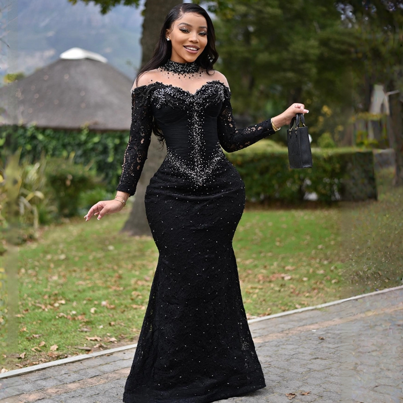Off Shoulder Aso Ebi Prom Dresses Plus Size Black African High Neck Beaded Sequined Pleated Draped Mermaid Evening Dress Second Reception Party Gowns Long Sleeves