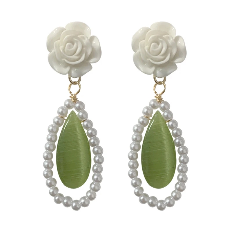 Dangle & Chandelier Elegant White Rose Flower Water Drop Earrings For Women Green Opal Imitation Pearl Tassel Dangle Earring 2023 New Party Jewelry