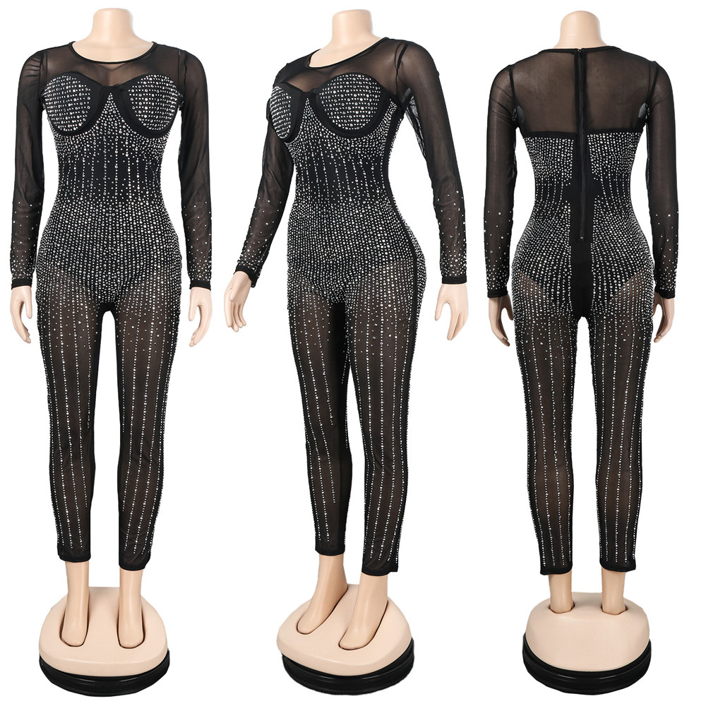 Designer Sexy Club Jumpsuits Women Plus size 3XL Long Sleeve Rhinestone Diamonds Rompers Fashion Mesh Sheer Jumpsuits Party Night Clubwear Wholesale Clothes 10340