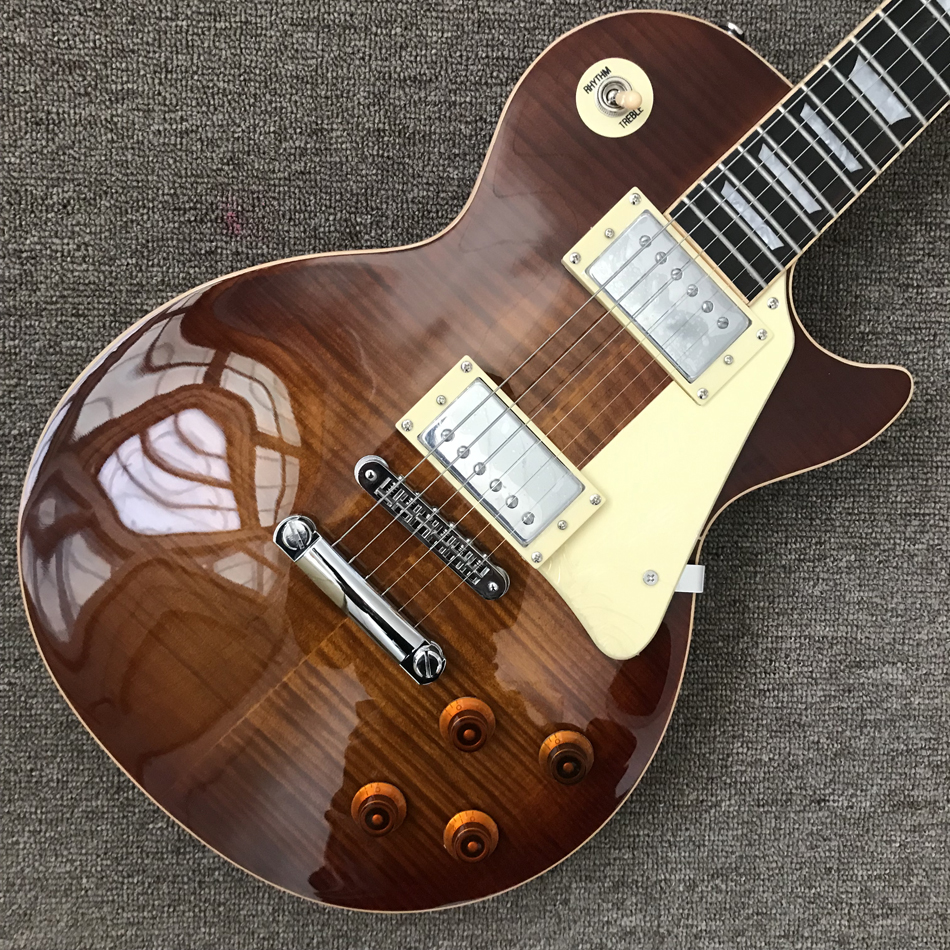 Custom shop, gemaakt in China, elektrische gitaar van hoge kwaliteit, Tobacco Burst-kleur, één stuk lichaamshals, fretsbinding, Tune-o-Matic Bridge, gratis verzending