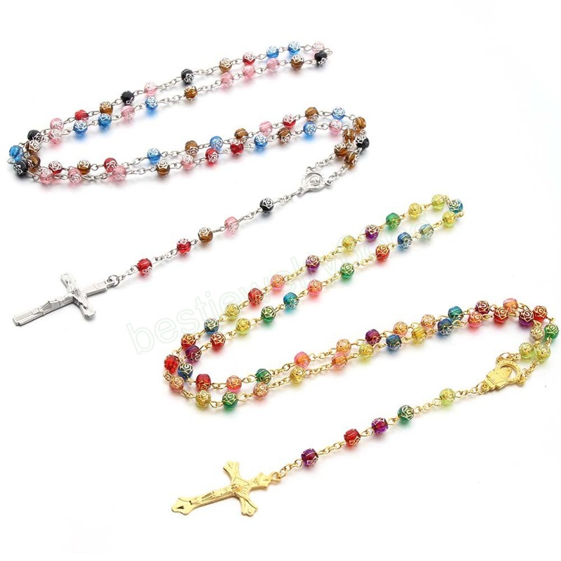6 мм акриловые четки ожерелья для женщин и мужчин розовые бусины длинная цепочка распятие крест кулон религиозные молитвенные украшения