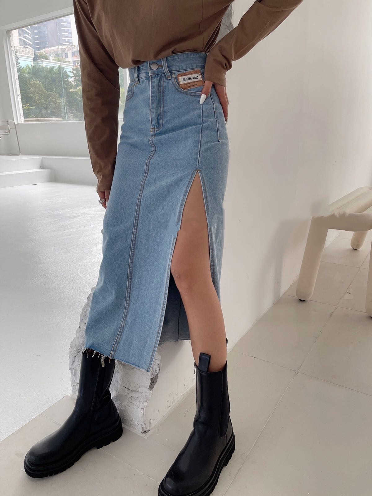 Seoulish Summer 2023 New Women's Long Denim kjol Vintage High Wasit jeans kjol kvinnlig rak sida split a-line blyerts kjolar