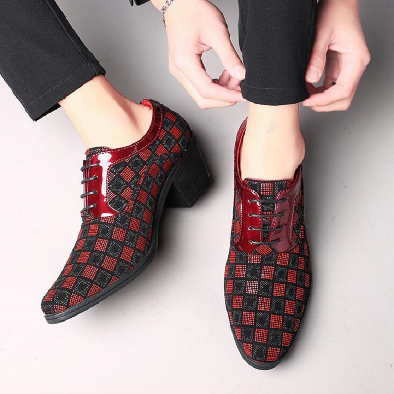 New Fashion Red Plaid Men's Dress Shoes Pointed Leather High Heel Shoes Men Height Increasing Wedding Shoes Men zapatos hombre D2H9