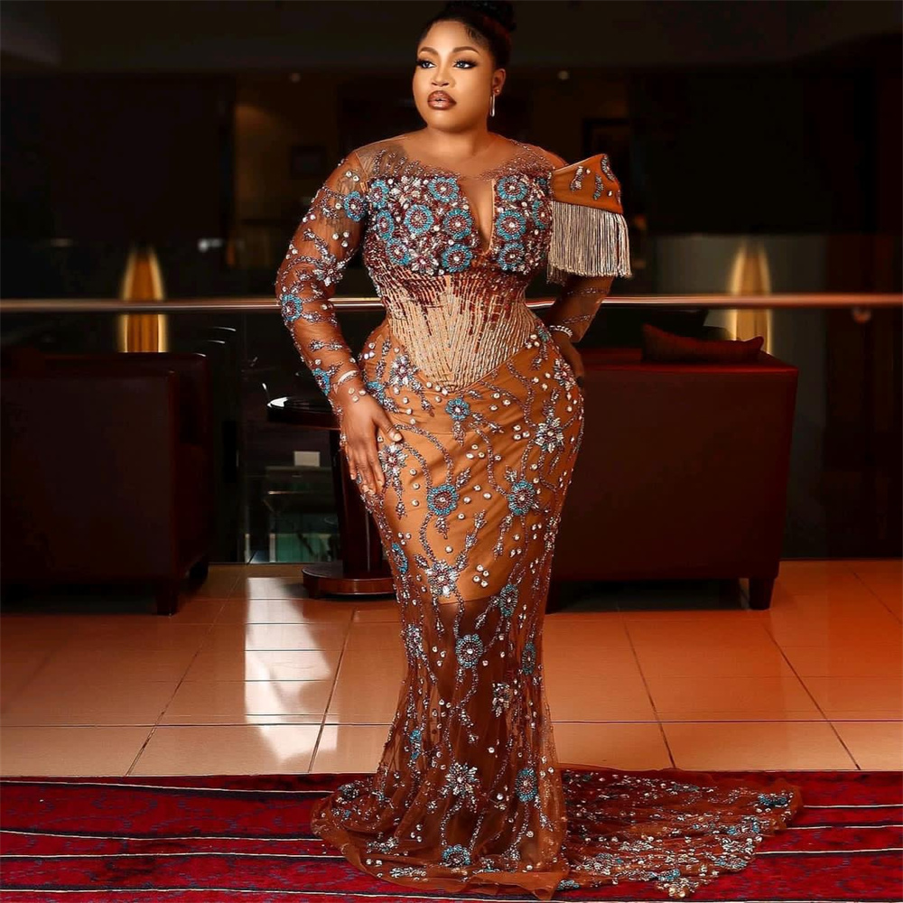 2023 Arabe Aso Ebi Chocolat Sirène Robe De Bal Perlée Robes De Soirée Paillettes Dentelle Anniversaire Fiançailles Deuxième Robe Robe Femmes Vêtements De Soirée WD015