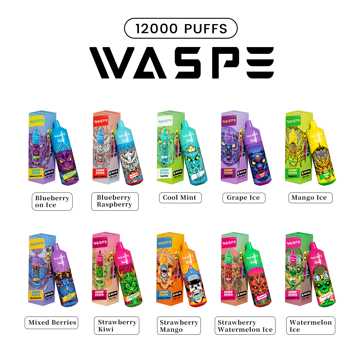 オリジナルのWaspe Puff12000使い捨てベイプペンポッドデバイスパフ12k/10k/9k充電式オプションeタバコ