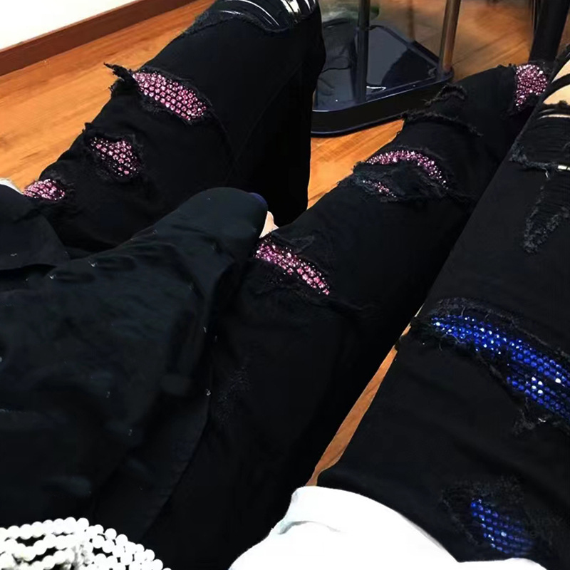 Jeans pour hommes de haute rue diamant moucheté trou d'encre jean épissage pantalon ajusté pieds élastiques pantalon en Denim noir