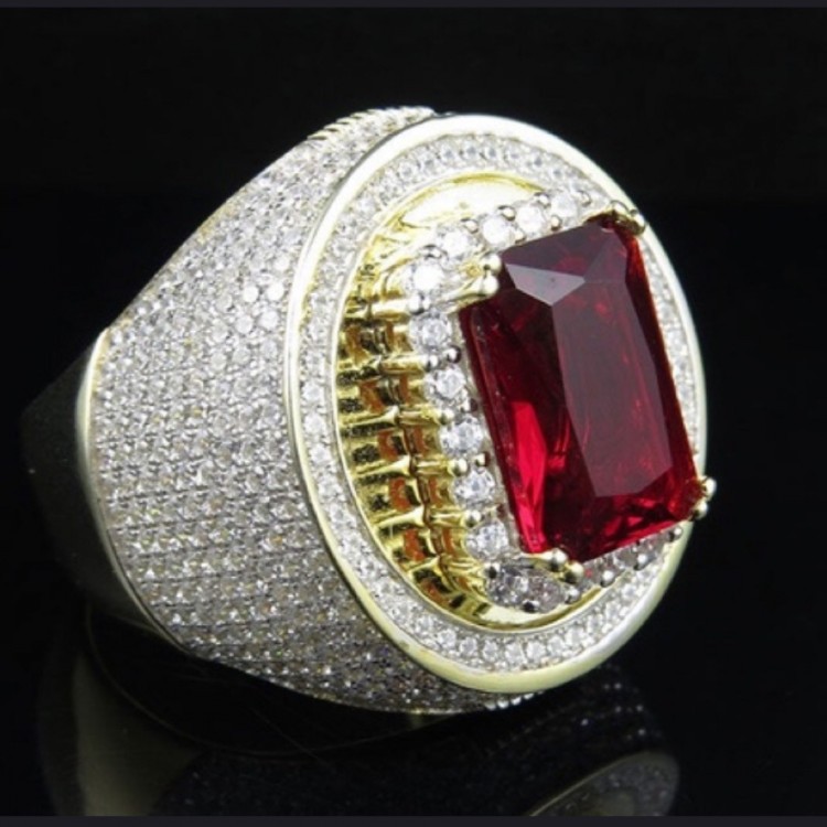 Luxury Hiphop male ring Silver Color 3ct Red AAAAA Zircon cz Rock Wedding Band Rings for men Finger Party Jewelry