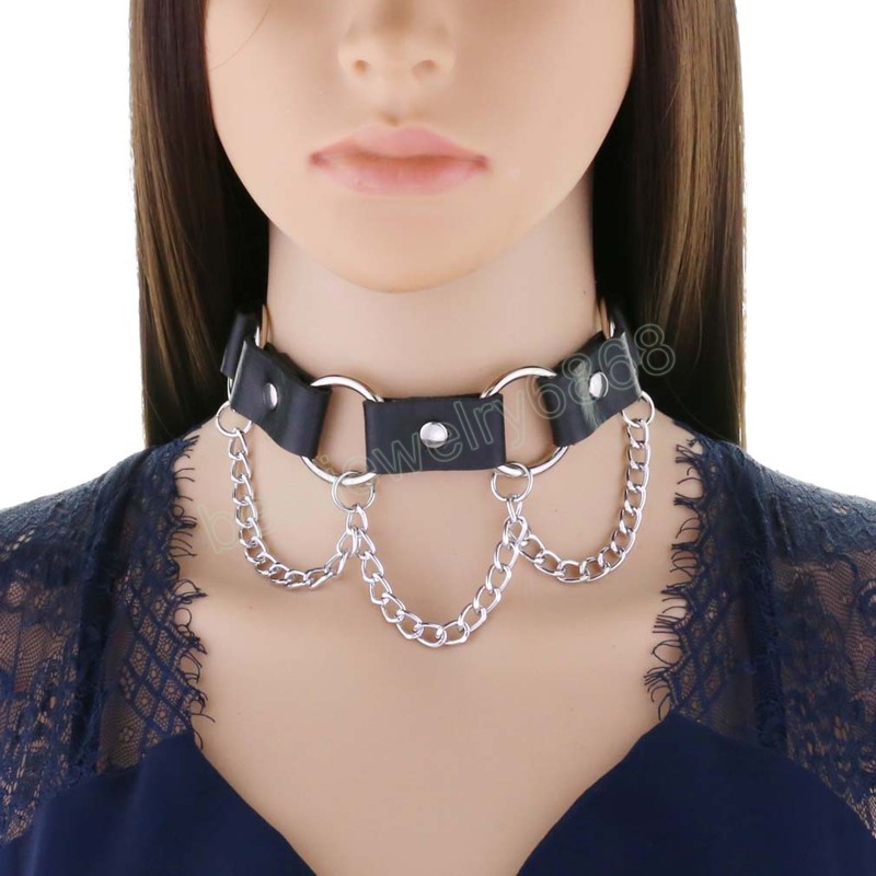 Elegant mode pu läder choker krage halsband för kvinnor män silver tofs kedja hänge halsband smycken