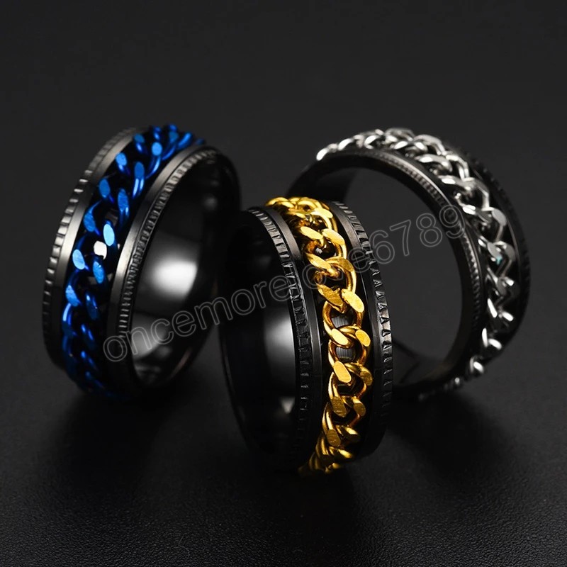 Titanium Steel Rotatable Chain Couple Ring Fashion 8mm Spinner Chain Rotable Rings for Women Man Jewelry Party Gift