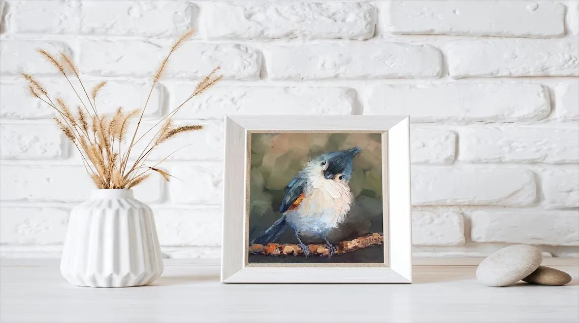 Thick Textured Animal Oil Painting Handpainted Abstract Tufted Titmouse Bird Artwork Canvas Wall Hanging Art for Kitchen,Christmas Decoration