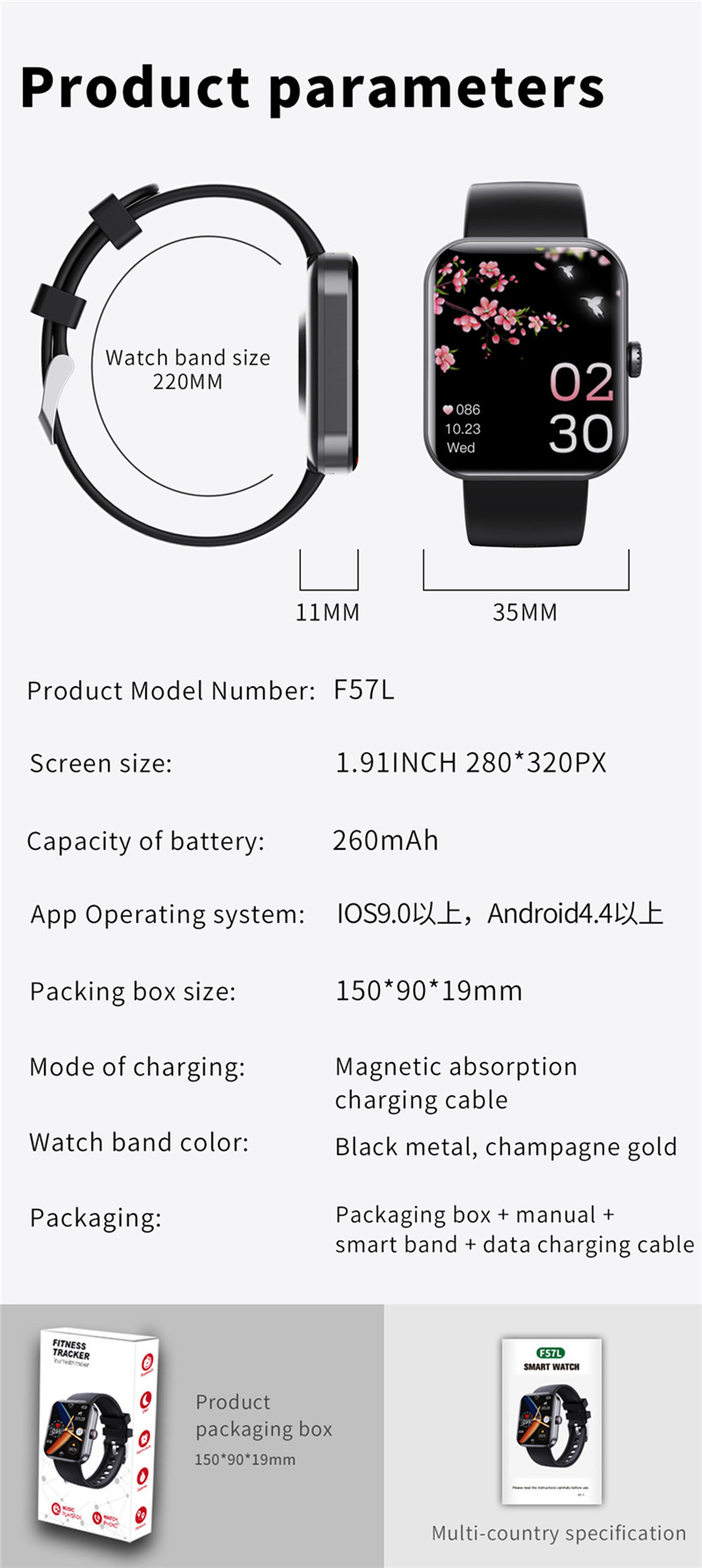 F57L Smart Watch Bloeddruk Hartslag Slaaptemperatuurbewaking Sportbewaking 1,91 inch touchscreen smartwatch