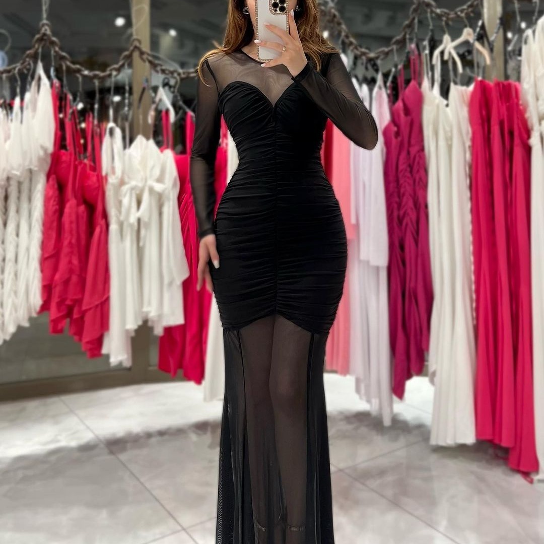 Elegant Black Mermaid Evening Dresses For Women Jewel Neck See Through Satin Formal Occasions Pageant Birthday Party Prom Celebrity Gowns Second Reception Dress