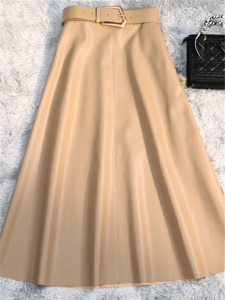 Seulish Classic Black Faux Pu Skórzane długie spódnice z Pasem 2023 NOWOŚĆ PARRELA WYSOKICH TALI