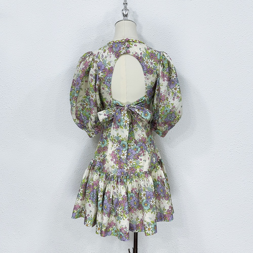 Robe de créateur australienne à imprimé floral, col rond, manches bouffantes, mini robe