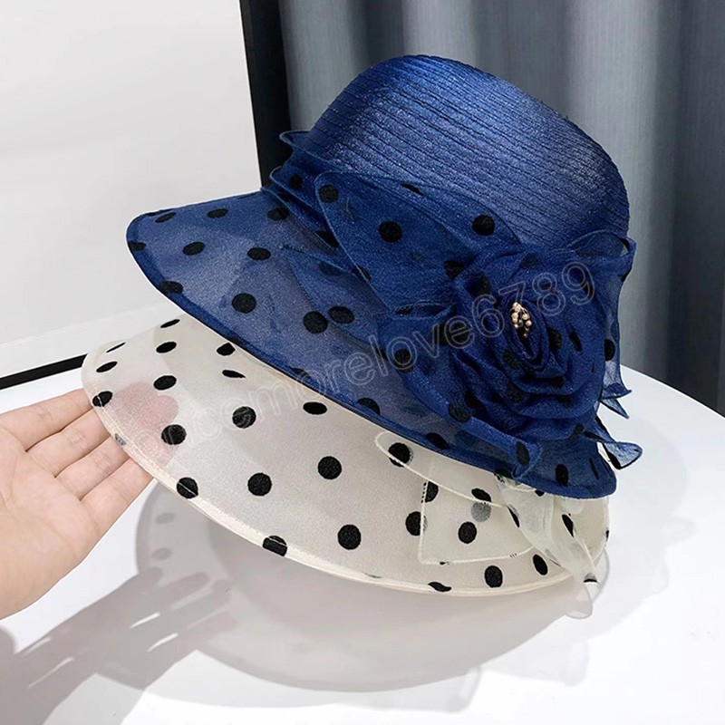 Fashion Fisherman Caps Floral Organza Dot Mesh Church Hat For Women Foldbar Wedding Party Hat Summer Beach Protection Sun Cap