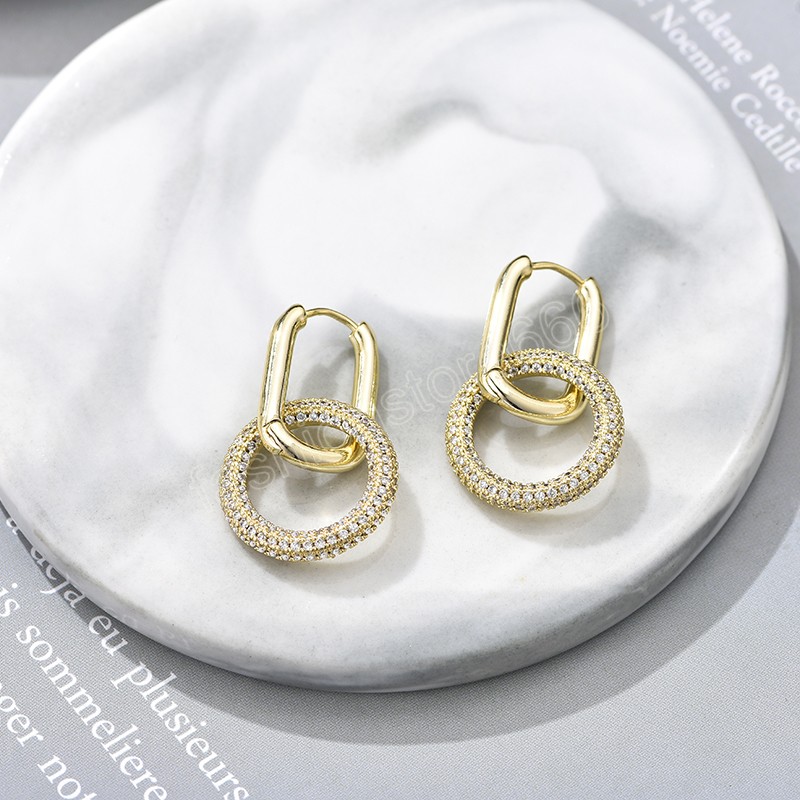 Boucles d'oreilles rondes, ovales et rectangulaires pour femmes, en zircone CZ pavée, couleur cuivre or, bijoux de marque de luxe élégants pour mariage