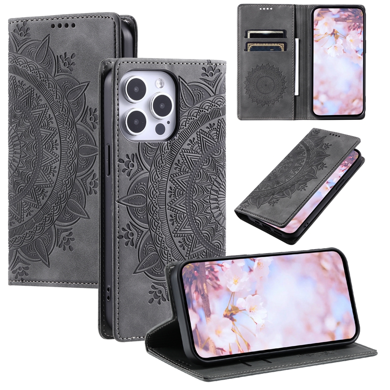 Capa carteira de couro Datura Flower para iPhone 15 Plus 14 Pro Max 13 12 11 XR XS X 8 7 6 Suck Fechamento magnético Impressão em relevo Totem Lace Slot para cartão Mandala Flip Cover Bolsa