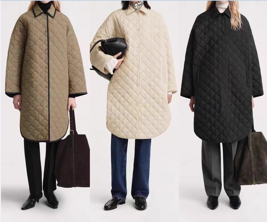 23 Winter New Toteme Quilted Cocoon Shape Mid length Loose Versatile Coat Coat Coat Women's Cotton Coat Diamond Plaid