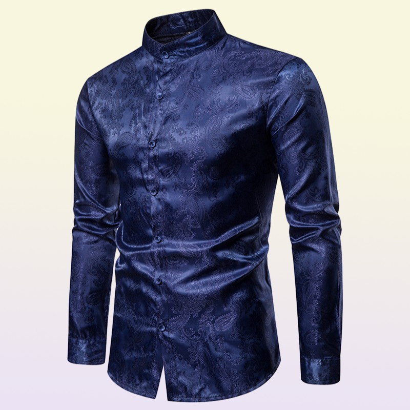 Fake Silk Paisley Tuxedo Camisetas Autumn Streetwear Camisetas masculinas de colarinho de colar