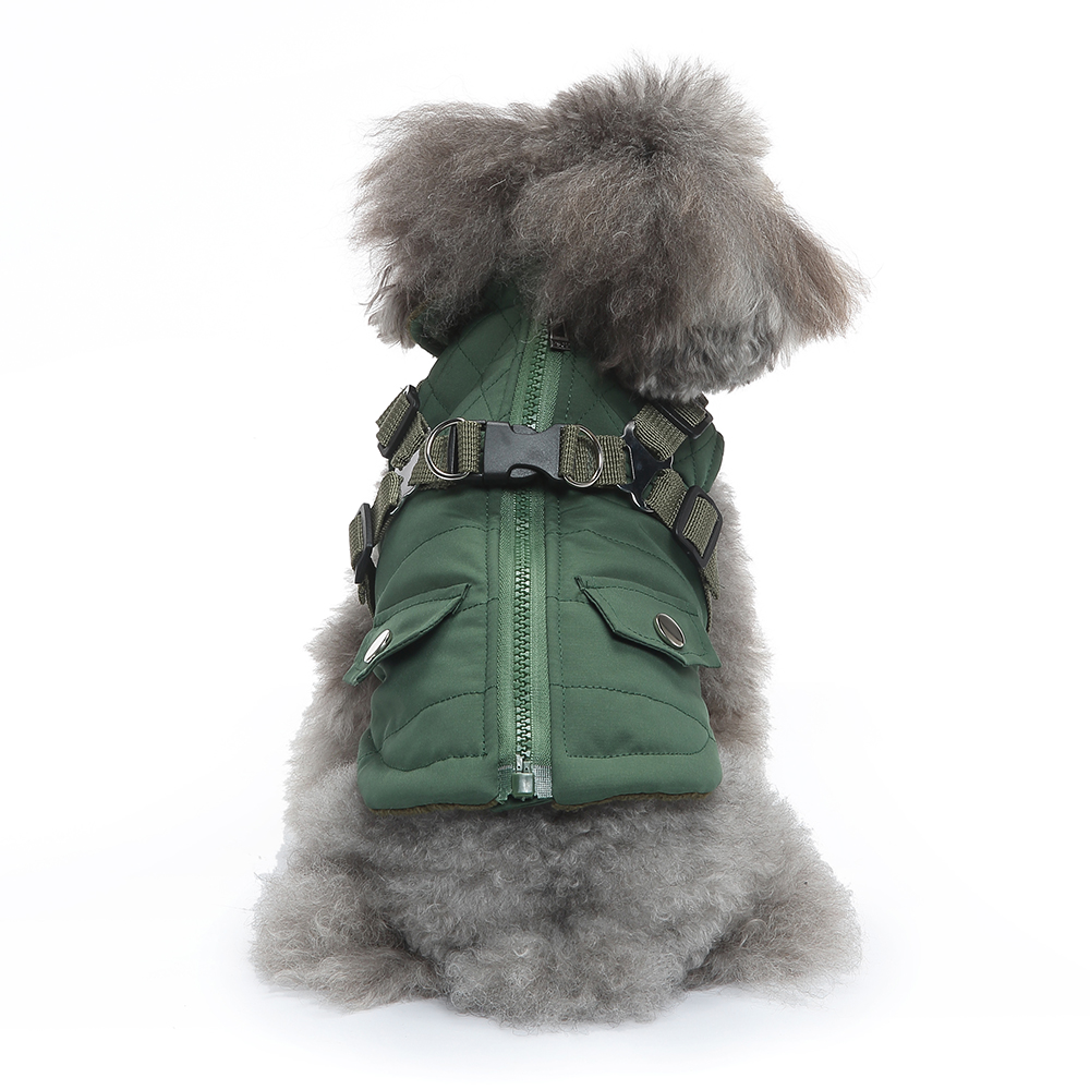 Hunde-Trenchcoat, Haustier-Hundekleidung mit Reißverschluss und Geschirr für den Winter, Winterkleidung für kleine, mittelgroße und große Hunde, Grün