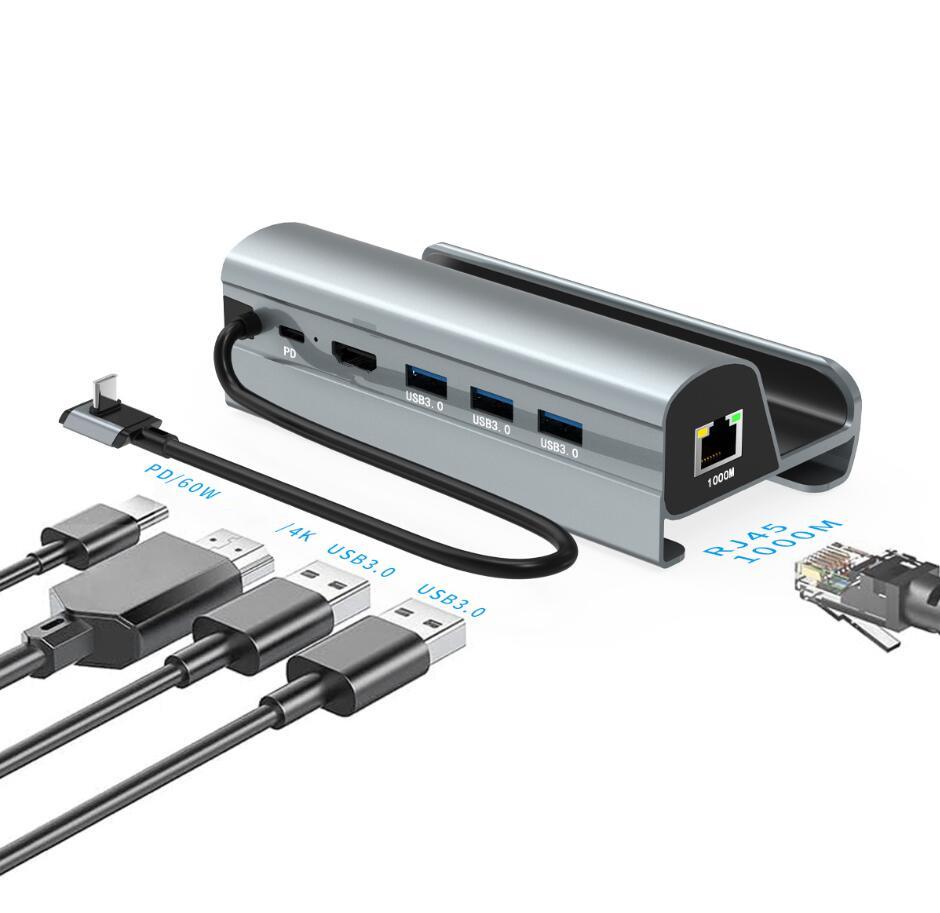 Док -пакет паровой палубы 6 в 1 USB C Docking Station для SteamDeck PD USB3.0 1000M 4K 60 Гц паровой палубы RJ45