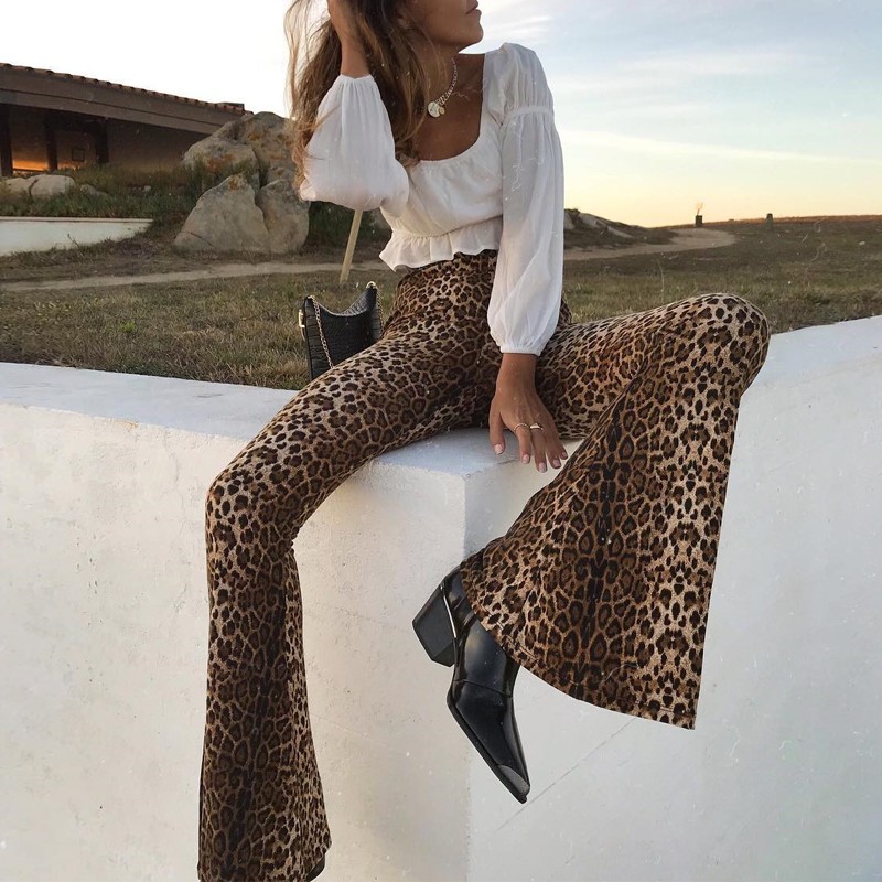 Kadın pantolon kapris moda leopar desen parlama pantolon e-kız vintage ince hayvan baskısı yüksek bel uzun pantolonlar vahşi sonbahar 90s kıyafetler kaplan desen eşofman