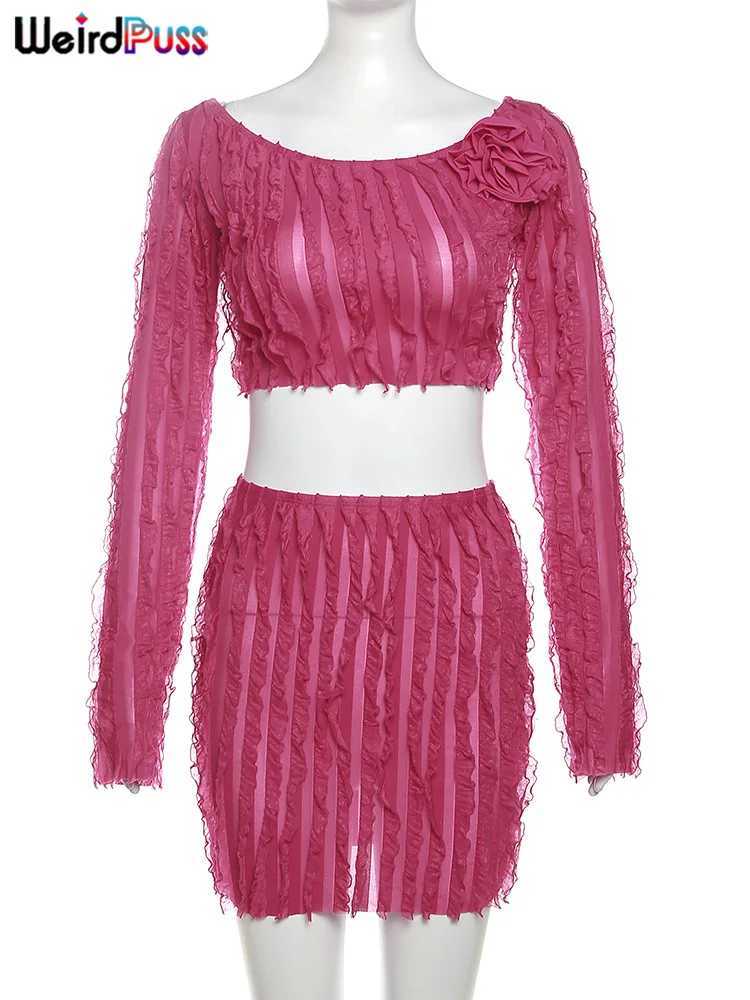 Zweiteiliges Kleid Weird Puss, elegantes Damen-Rüschen, 2-teiliges Set, durchsichtige Blumen, sexy Crop-Tops mit Slash-Ausschnitt + pfirsichfarbene Hüftröcke, passende Clubwear