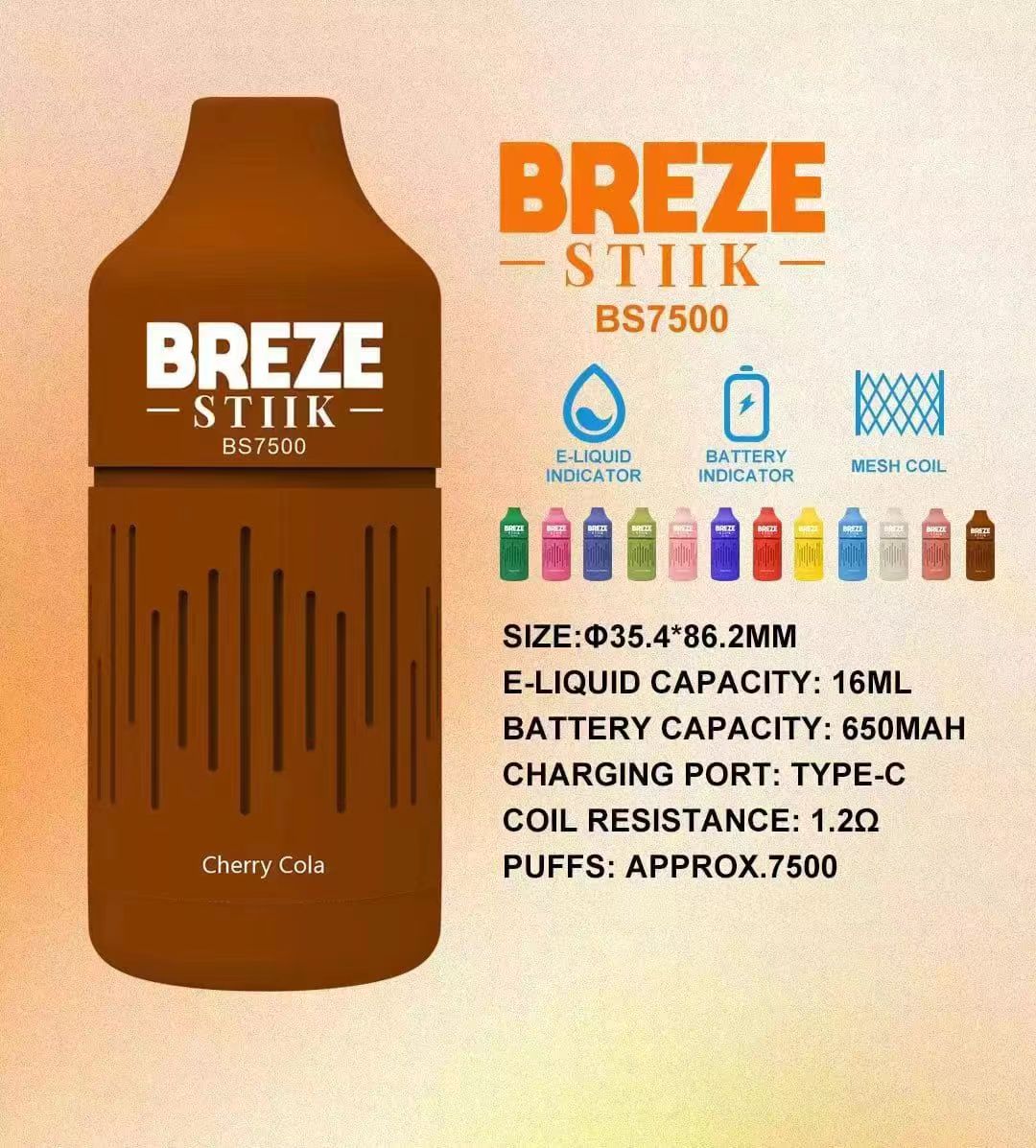 Orijinal Brezz Stiik BS7500 Puf E Sigara 80mg Tek Kullanımlık Vape Kalem 650mAh Şarj Edilebilir Pil 12% 5 kapasite 16ml. Juicy Peach Buz