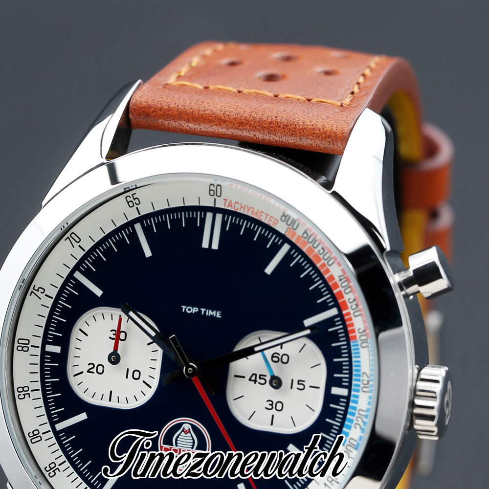 Мужские часы Top Time Shelby Cobra Кварцевый хронограф A41315A71C1X2 Стальной корпус Синие маркеры на циферблате Коричневый кожаный секундомер 46 мм Часы Timezonewatch Z12c